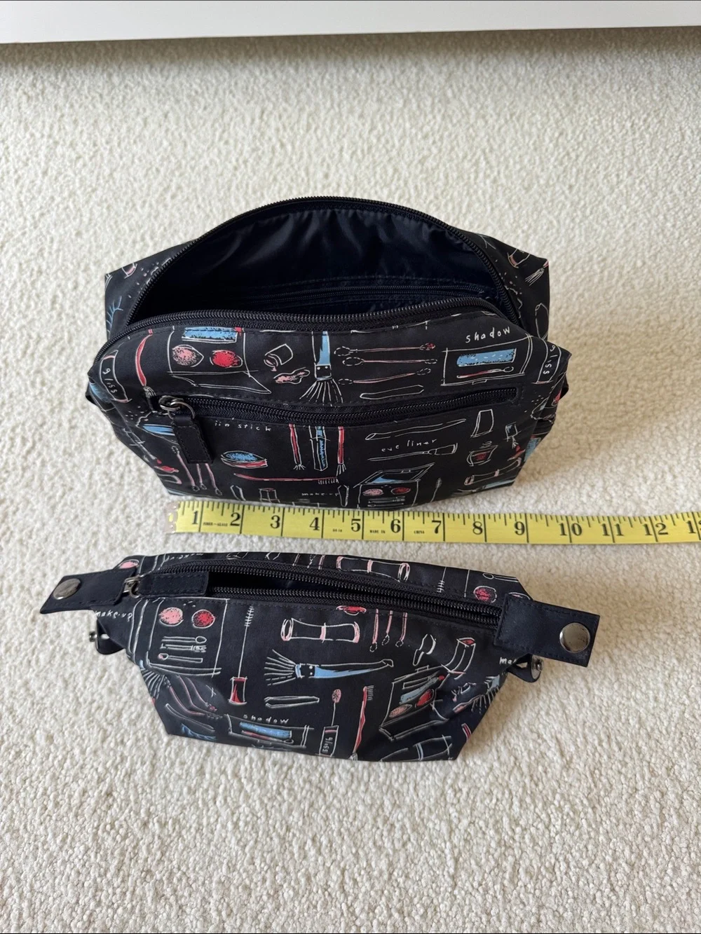 Nicole Miller Black Cosmetic Bag Set with Red and Blue Makeup Print